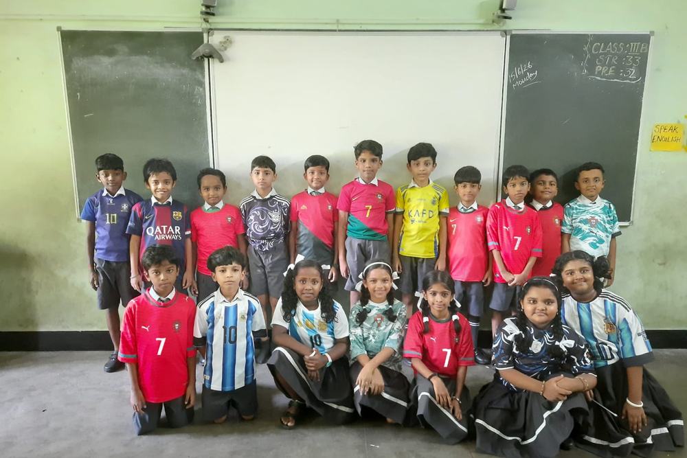 Students in football jerseys